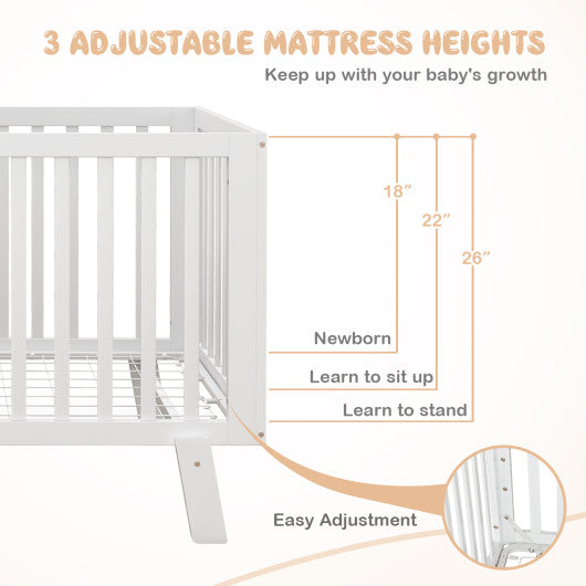 Rubber Wood Baby Crib with Adjustable Mattress Heights and Guardrails-White