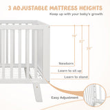 Rubber Wood Baby Crib with Adjustable Mattress Heights and Guardrails-White