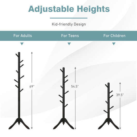 Adjustable Wooden Tree Coat Rack with 8 Hooks-Black