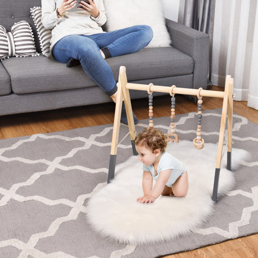 Portable 3 Wooden Newborn Baby Exercise Activity Gym Teething Toys Hanging Bar-Gray