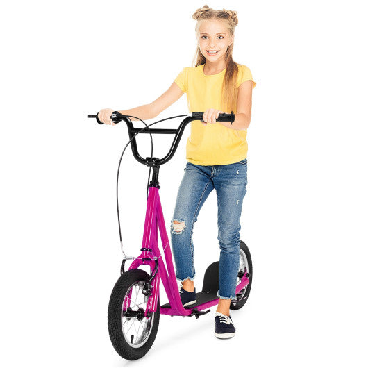 Height Adjustable Kid Kick Scooter with 12 Inch Air Filled Wheel-Pink