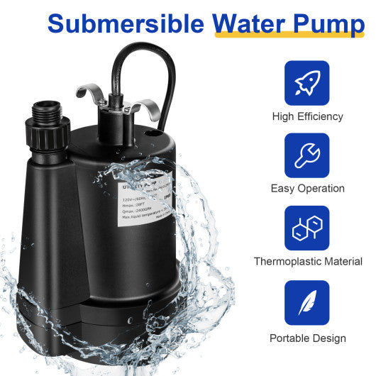 1/3HP 2400GPH Submersible Utility Pump Portable Electric Water Pump with 10 FT Cord