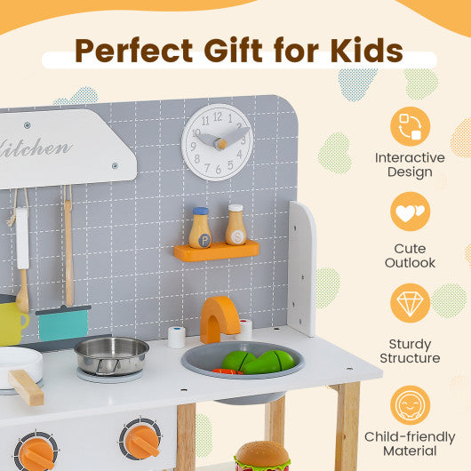 Wooden Toddler Pretend Kitchen Set with Cookware Accessories for Boys and Girls-Grey
