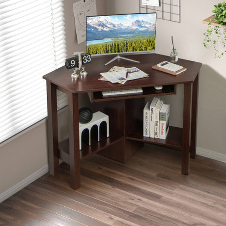 Wooden Study Computer Corner Desk with Drawer-Coffee