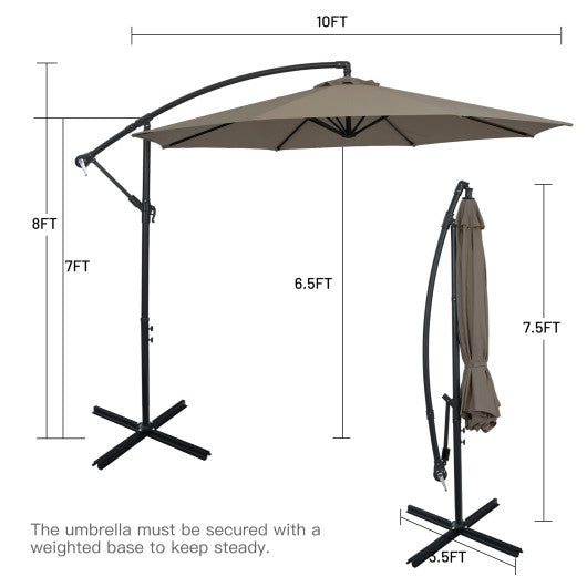 10 Feet Offset Umbrella with 8 Ribs Cantilever and Cross Base-Brown