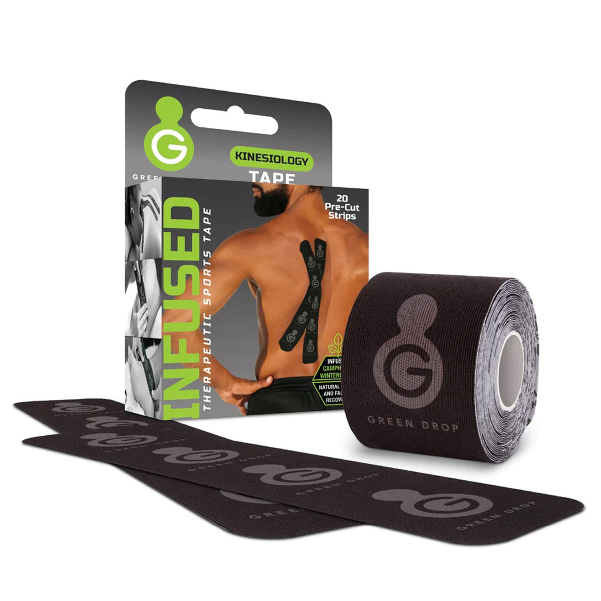 Green Drop Sports Tape, Infused Kinesiology Tape for Recovery - 20 Precut, 10” Strips