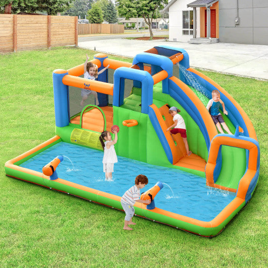 7-in-1 Inflatable Giant Water Park Bouncer with Dual Climbing Walls and 735W Blower
