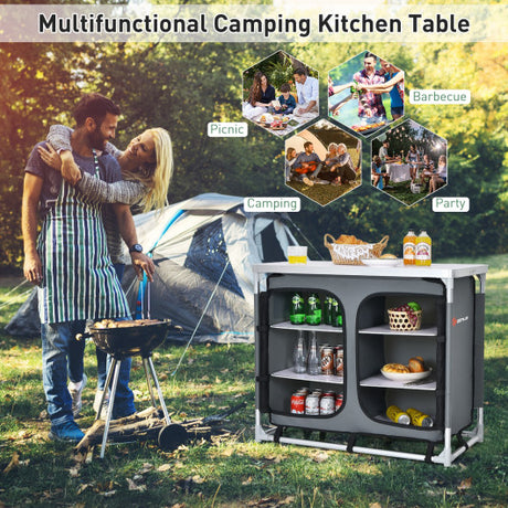 Portable Camping Kitchen Table with Storage Shelves-Gray