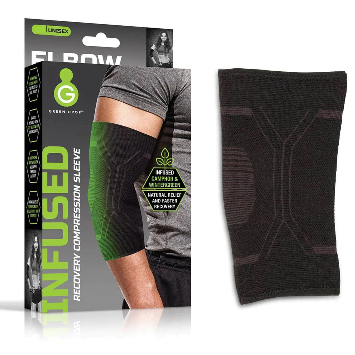Green Drop Elbow Brace - Infused Compression Sleeve, L/XL
