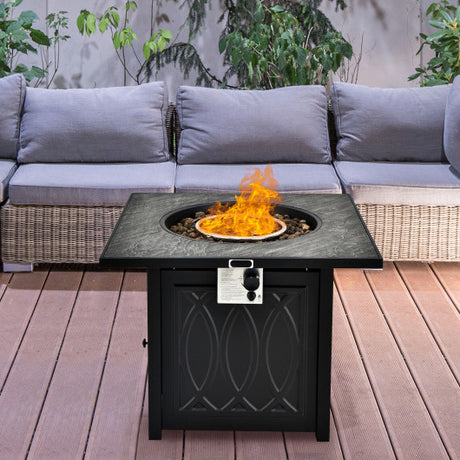 32 Inch Propane Fire Pit Table Square Tabletop with Lava Rocks Cover 50000 BTU-Black