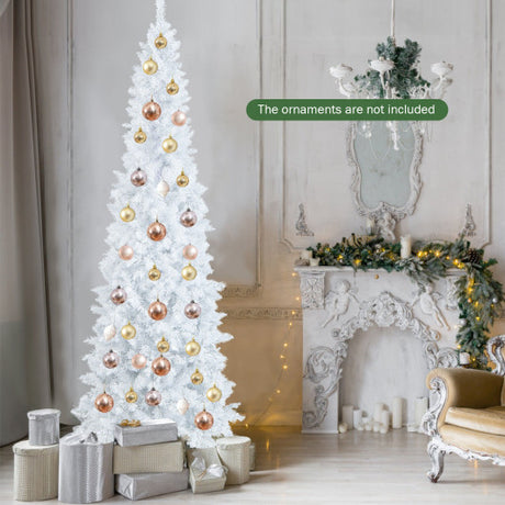 7 Feet Pre-Lit Hinged Pencil Christmas Tree White with 300 LED Lights and 8 Flash Modes