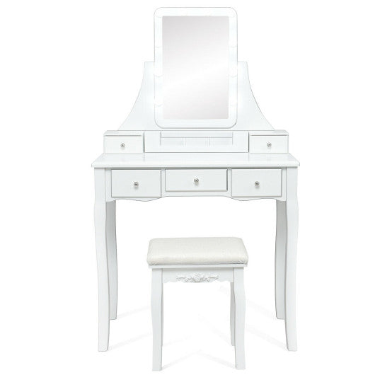 10 Dimmable Light Bulbs Vanity Dressing Table with 2 Dividers and Cushioned Stool-White