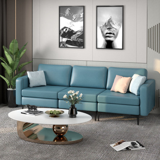 3-Seat Sectional Sofa Couch with Armrest Magazine Pocket and Metal Leg-Blue