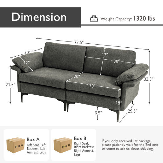 Modern Fabric Loveseat Sofa for with Metal Legs and Armrest Pillows-Gray