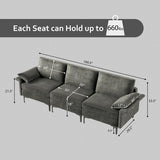 Large 3-Seat Sofa Sectional with Metal Legs for 3-4 people-Gray