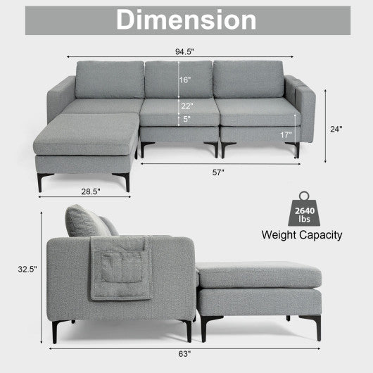 Modular L-shaped Sectional Sofa with Reversible Chaise and 2 USB Ports-Dark Gray