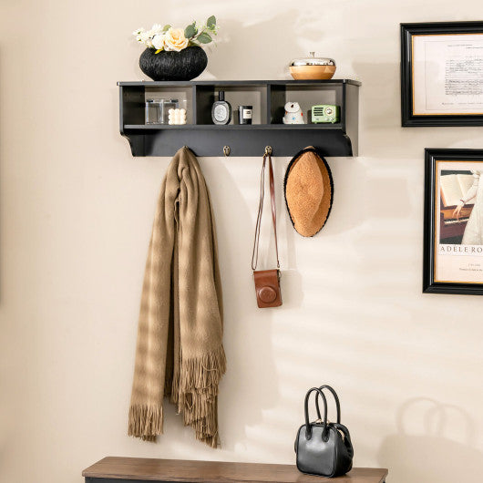 Wall Mount Cubby Organizer Hooks Entryway Storage Shelf-Black