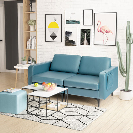 Modern Loveseat Sofa Couch with Side Storage Pocket and Sponged Padded Seat Cushions-Blue