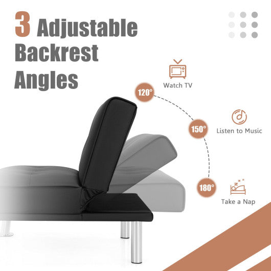 Folding PU Leather Single Sofa with Metal Legs and Adjustable Backrest-Black