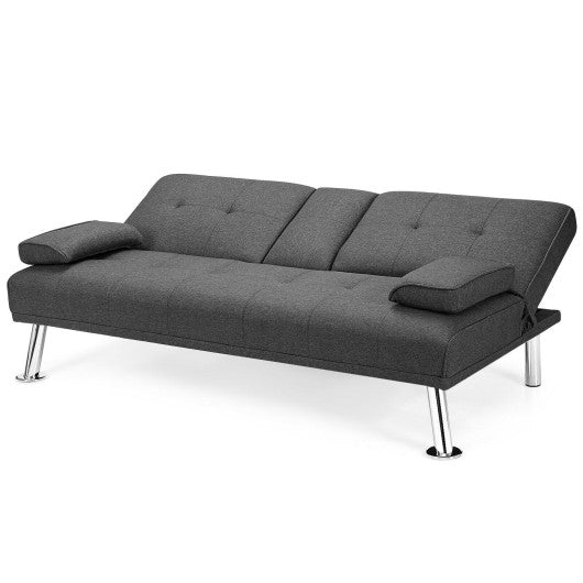 Convertible Folding Futon Sofa Bed Fabric with 2 Cup Holders-Dark Gray