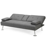 Convertible Folding Futon Sofa Bed Fabric with 2 Cup Holders-Light Gray