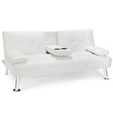 Convertible Folding Leather Futon Sofa with Cup Holders and Armrests-White