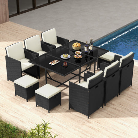 11 Piece Patio Dining Set Wicker Chairs and Tempered Glass Table with Waterproof Cushions-Black & White