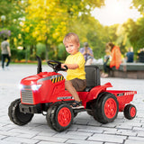 12V Kids Ride On Tractor with Trailer and Remote Control-Red