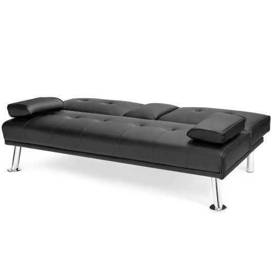 Convertible Folding Leather Futon Sofa with Cup Holders and Armrests-Black