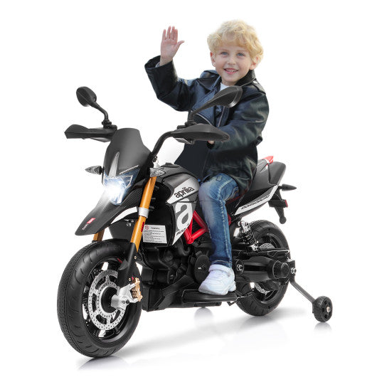 12V Kids Ride-On Motorcycle Aprilia Licensed with Sounds and Music-Black