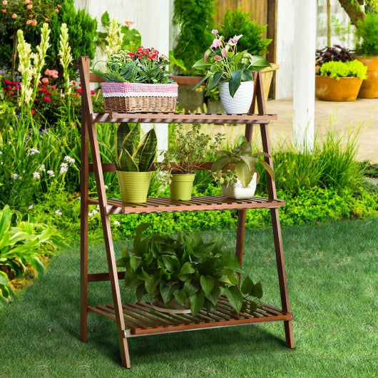 3 Tier Folding Bamboo Flower Shelf -Brown