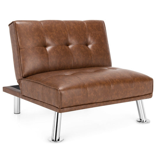 Folding PU Leather Single Sofa with Metal Legs and Adjustable Backrest-Brown
