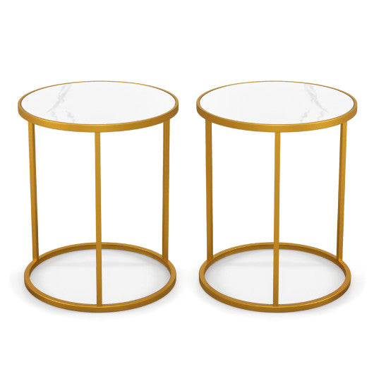 16 Inch Marble Top Round Side Table with Golden Metal Frame for Living Room Bedroom-Set of 2