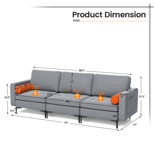 Modular 3-Seat Sofa Couch with Socket USB Ports and Side Storage Pocket-Gray