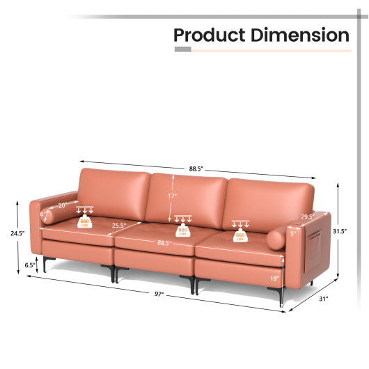 Modular 3-Seat Sofa Couch with Socket USB Ports and Side Storage Pocket-Red