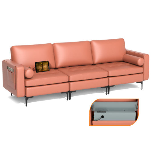 Modular 3-Seat Sofa Couch with Socket USB Ports and Side Storage Pocket-Red