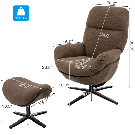Upholstered Swivel Lounge Chair with Ottoman and Rocking Footstool-Brown