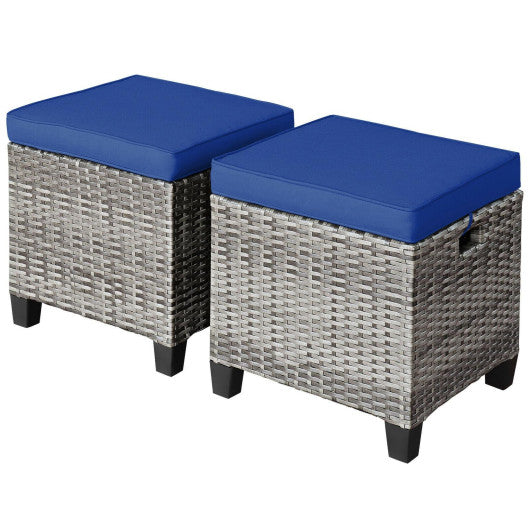 2 Pieces Patio Rattan Ottoman Seat with Removable Cushions-Navy
