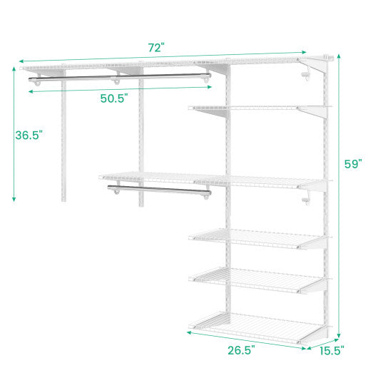 Adjustable Closet Organizer Kit with Shelves and Hanging Rods for 4 to 6 Feet-White