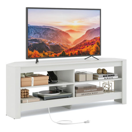 Corner TV Stand with Power Outlet and 4 Open Storage Shelves-White
