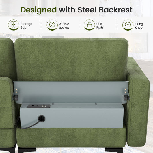 Modular 3-Seat Sofa Couch with Socket USB Ports and Side Storage Pocket-Green