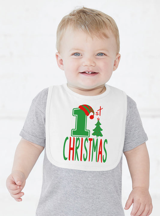 Baby Infant White Red Green 1st Christmas Bib