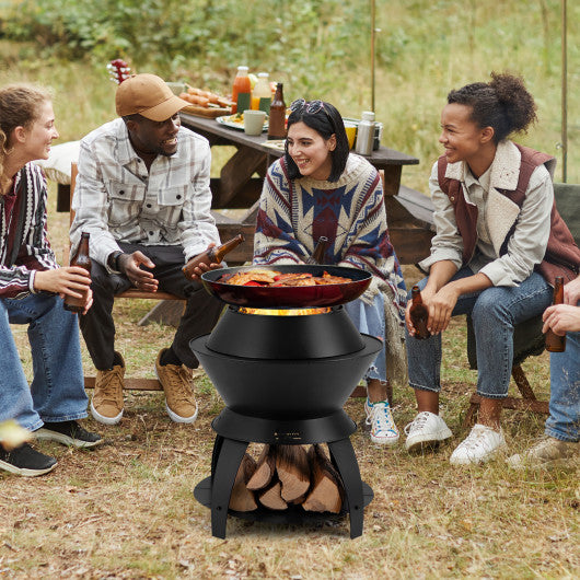 20 Inch Patio Fire Pit Metal Camping Fire Bowl with Pot Holder and Storage Shelf-Black
