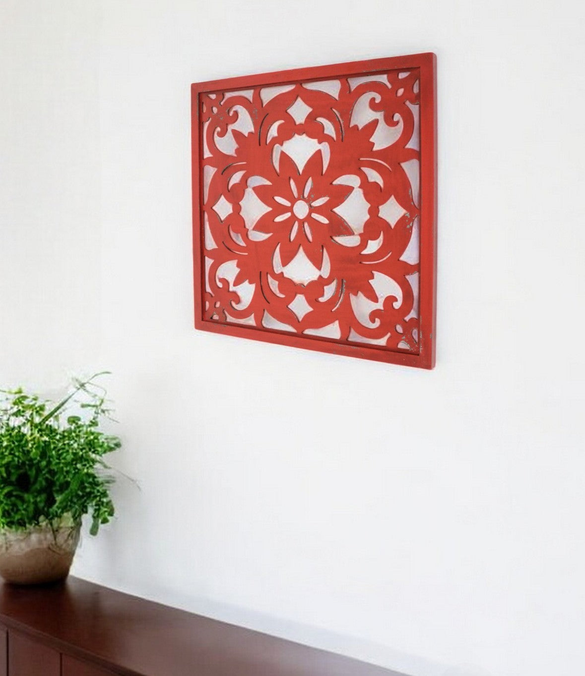 Red Flower Wood Hanging Dimensional Sculpture