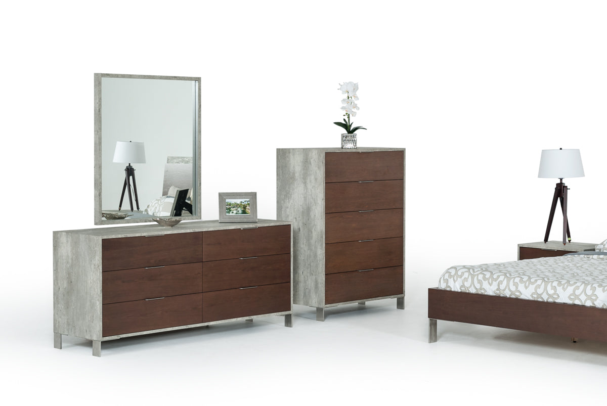 30" Dark Walnut Veneer  Steel  And Concrete Dresser With 6 Drawers