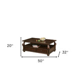 50" Dark Brown Solid Wood Coffee Table With Two Drawers And Shelf