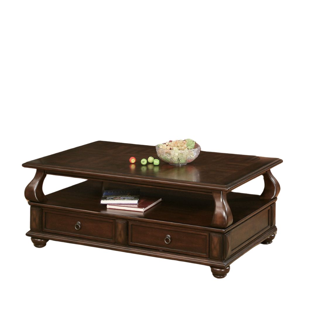 50" Dark Brown Solid Wood Coffee Table With Two Drawers And Shelf