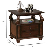 26" Brown Solid Wood Square End Table With Two Drawers And Shelf