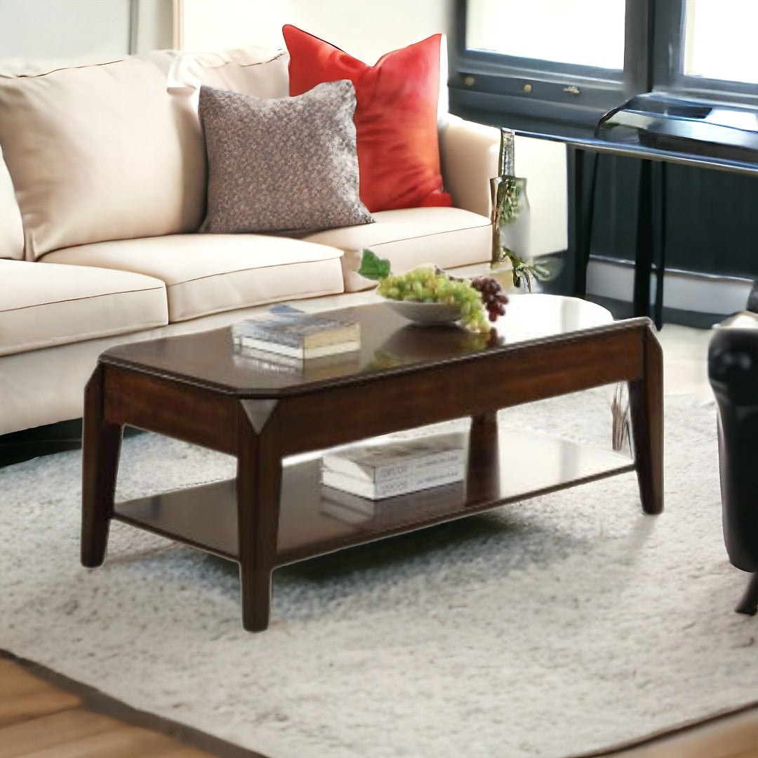 47" Dark Brown Lift Top Coffee Table With Shelf