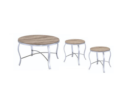 19" Gray And Brown Wood And Stainless Steel Round End Tables